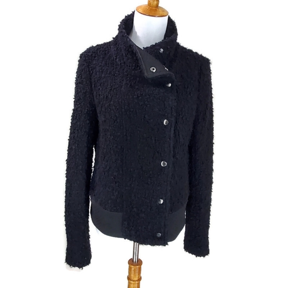 Black Boucle Moto Jacket, Banana Republic, 10, Womens, Funnel Neck, Wool Blend - Picture 5 of 12
